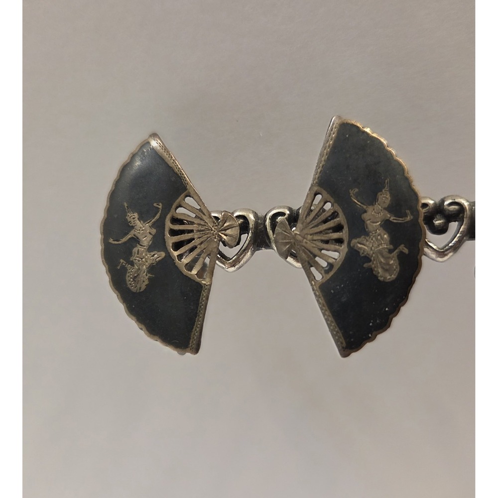 Antique Siam Sterling Silver Black Fan Dancers Siam‎ Niello Screw Back Earrings